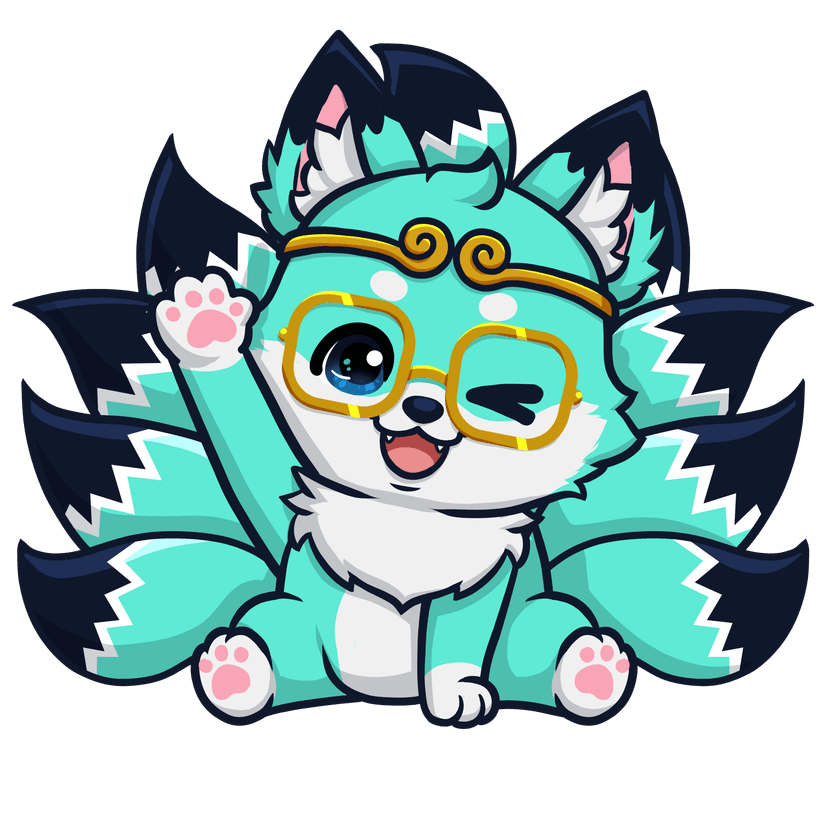 Wuko the teal nine-tailed fox waving hello
